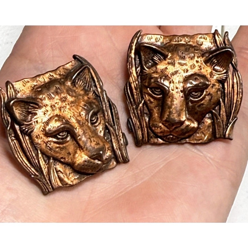 Vintage Big Cat Earrings Leopard Lion Copper Tone Statement JJ Jonette 1986 - Picture 2 of 9